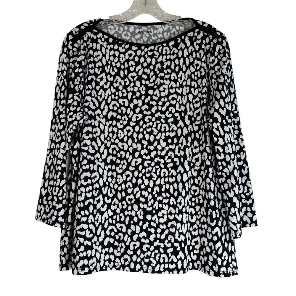 Lands End Womens Large 14-16 Boat Neck Leopard Print Long Sleeve Top Black White